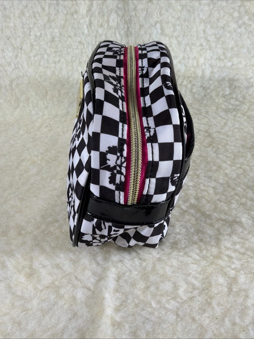 Betsey Johnson Black & White Checkered Cosmetic Pouch with Floral Motif